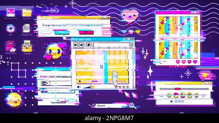 Browser-Bildschirm im Retro-Y2K-Fenster mit Hintergrund für Glitch-Effekt. 90s psychedelisches Design für die Internet-Schnittstelle. Vaporwave Desktop-Benachrichtigung Stock Vektor