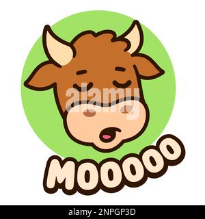 Süße Kuh, die Muh sagt, lustige Handzeichnung. Braunes Wadenkopfsymbol. Einfaches Zeichnen, Vektorclip Art. Stock Vektor