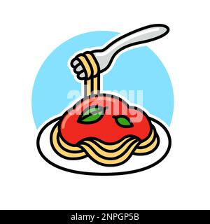 Spaghetti mit Tomatensoße und Basilikum. Einfache Zeichentrickfigur. Klassische italienische Nudelgerichte, Vektor-Clip-Art-Illustration. Stock Vektor