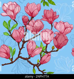 Rosa Magnolienblüten, nahtloses Muster. Handgezeichnete Illustration Stock Vektor