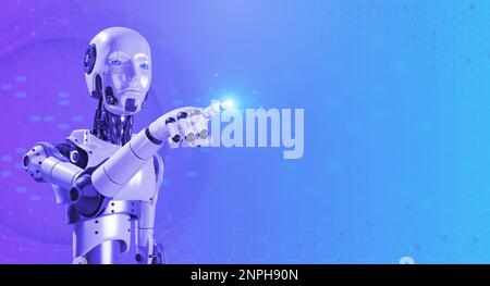 3D-Rendering-Roboter, der den Finger berührt, strahlt mit leuchtender futuristischer Optik Licht auf den Hintergrund eines modernen digitalen Elements mit Kopierbereich, im Cyberpunk-Stil. KI-Roboter Stockfoto
