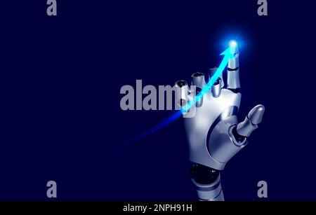 beim 3D-Rendering zeichnet die Hand des intelligenten Roboters einen aufsteigenden futuristischen Pfeil auf blauem Hintergrund. KI-Roboter, Finger zeigen auf die glühende Pfeilspitze. Geschäftswachstum und Stockfoto