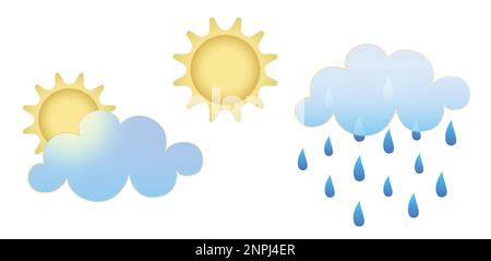 Satz von Wettersymbolen. Symbole im Glassmorphismus-Stil für Meteo-Prognose-App-Elemente isoliert auf weißem Hintergrund. Tag und Nacht Sommer Frühling Herbst Stock Vektor