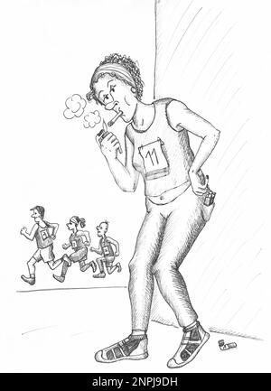 Sportliche Frau, die eine Zigarette anzündet, während andere Läufer laufen. Illustration. Stockfoto