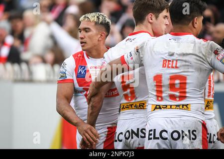 Castleford, England -26. Februar 2023 - Tee Ritson of St Helens feiert TRY. Rugby League Betfred Super League Runde zwei, Castleford Tigers gegen St. Helens im Mend-A-Hose Stadium, Castleford, Großbritannien Stockfoto