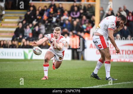 Castleford, England - 26. Februar 2023 - Joey Lussick von St. Helens in Aktion. Rugby League Betfred Super League Runde zwei, Castleford Tigers gegen St. Helens im Mend-A-Hose Stadium, Castleford, Großbritannien Stockfoto