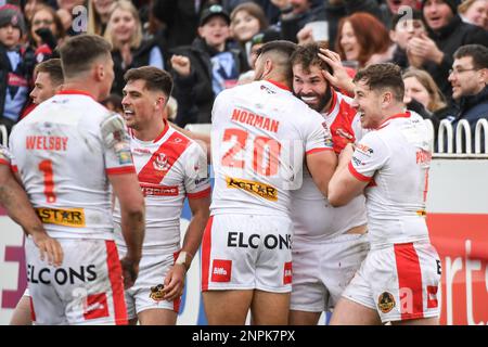 Castleford, England -26. Februar 2023 - Alex Walmsley von St. Helens feiert TRY. Rugby League Betfred Super League Runde zwei, Castleford Tigers gegen St. Helens im Mend-A-Hose Stadium, Castleford, Großbritannien Stockfoto