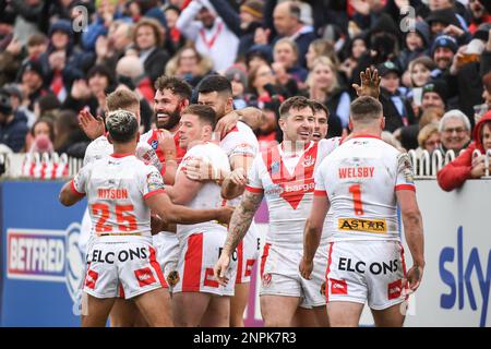 Castleford, England -26. Februar 2023 - Alex Walmsley von St. Helens feiert TRY. Rugby League Betfred Super League Runde zwei, Castleford Tigers gegen St. Helens im Mend-A-Hose Stadium, Castleford, Großbritannien Stockfoto