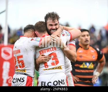 Castleford, England -26. Februar 2023 - Alex Walmsley von St. Helens feiert TRY. Rugby League Betfred Super League Runde zwei, Castleford Tigers gegen St. Helens im Mend-A-Hose Stadium, Castleford, Großbritannien Stockfoto