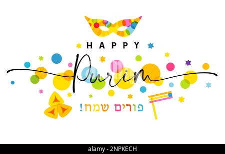 Fröhliche Purim bunte Grußkarte mit kreativer Typografie. Jüdischer Text - Chag Purim Sameach - Happy Purim, Israel Holiday. Vektordarstellung Stock Vektor