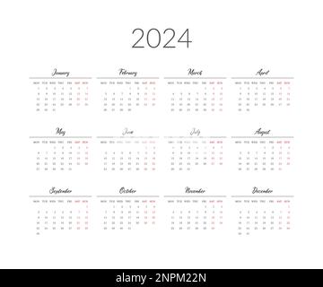 Kalendervorlage für 2024 Jahre. Vektordarstellung. Stock Vektor