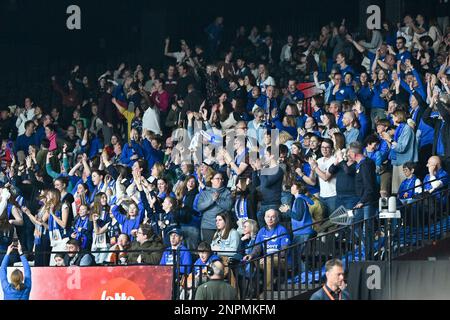 Gents Fans und Fans wurden während des Spiels zwischen Asterix Avo Volley Beveren und der VDK Bank Gent damesvolley, dem Endspiel im belgischen Volleyball-Pokalwettbewerb für Männer, am Sonntag, den 26. Februar 2023 in Merksem, Antwerpen, gezeigt. BELGA FOTO DAVID CATRY Stockfoto