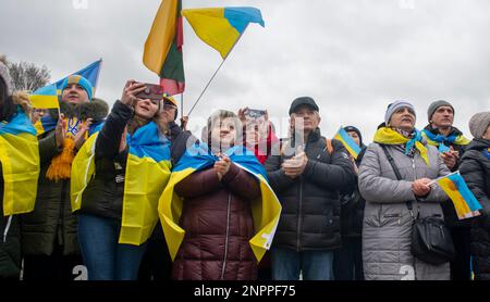 Washington D.C., Washington D.C., USA. 25. Februar 2023. 25. Februar 2023: Washington DC: Ukrainische Einwanderer und Flüchtlinge treffen sich in der National Mall in Washington, DC, um gegen den einjährigen Jahrestag der russischen Invasion in der Ukraine zu protestieren. (Kreditbild: © Dominic Gwinn/ZUMA Press Wire) NUR REDAKTIONELLE VERWENDUNG! Nicht für den kommerziellen GEBRAUCH! Stockfoto