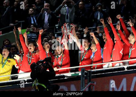 London, Großbritannien. 26. Februar 2023. Während des EFL-Endspiels des Carabao Cup zwischen Manchester United und Newcastle United am 26. Februar 2023 im Wembley Stadium, London, England. Foto von Carlton Myrie. Nur redaktionelle Verwendung, Lizenz für kommerzielle Verwendung erforderlich. Keine Verwendung bei Wetten, Spielen oder Veröffentlichungen von Clubs/Ligen/Spielern. Kredit: UK Sports Pics Ltd/Alamy Live News Stockfoto