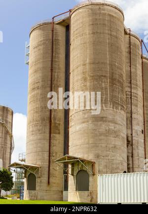 Kornsilos gegen blauen Himmel mit Kopierraum. Stockfoto