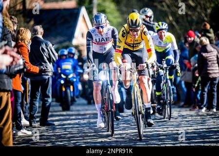 Belgischer Tiesj Benoot von Jumbo-Visma, slowenischer Matej Mohoric von Bahrain Victorious, belgischer Tim Wellens von Team Emirates der Vereinigten Arabischen Emirate und niederländischer Taco van der Hoorn von Intermarche-Circus-Wanty in Aktion beim eintägigen Radrennen Kuurne, 193 km von Kuurne nach Kuurne via Brüssel, Samstag, 25. Februar 2023. BELGA FOTO JASPER JACOBS Stockfoto