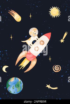 Aquarell-Weltraumelemente: Sterne, Planet, Astronaut, Raumschiff, Hund, Abbildung der Masse. Posterset „Planeten des Sonnensystems“. Weltraum des Universums. Gala Stockfoto