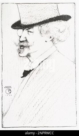 1898 : Karikaturportrait des gefeierten amerikanischen Malers James McNeill WHISTLER ( 1834 - 1903 ) von ERNEST HASKELL - IMPRESSIONISMO - IMPRESSIONISMUS - Pittura mondana - - BELLE EPOQUE - Baffi - Moustache - Monokel - Caricatura - Hut - cappello - GBB - Archivio Stockfoto