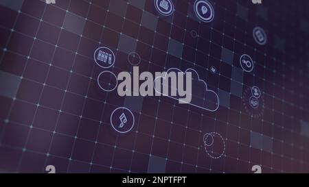3D das Konzept der Cloud-Technologien und der Verarbeitung von Serverdaten wird aufgegriffen. Abstrakte Servicesymbole senden Informationen an bigdata und Rechenzentren. Abzeichen Stockfoto