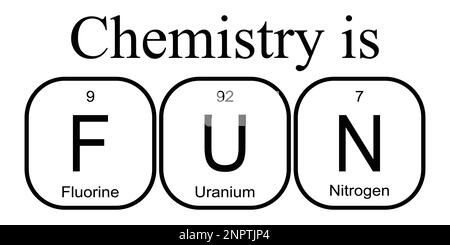 Chemie macht SPASS – Fluor, Uran und Stickstoff. Lustige Phrase mit dem Periodensystem der chemischen Elemente Stock Vektor