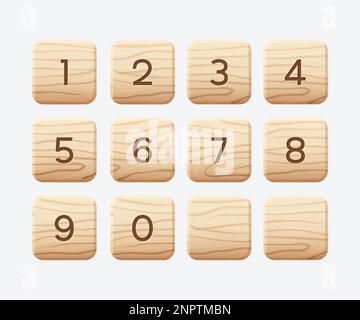 Holzfliesen mit Alphabet. Quadratischer Block mit Zahlen. Spielelement, Benutzeroberfläche für Puzzle-Spiele, Vektordarstellung. Stock Vektor