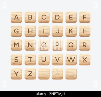 Holzfliesen mit Alphabet. Quadratischer Block mit Buchstaben. Benutzeroberfläche für Spiele, Puzzle- oder Kreuzworträtsel-Spiele, Vektordarstellung. Stock Vektor