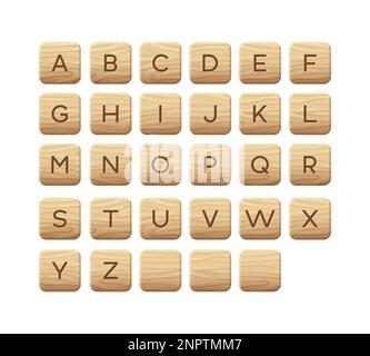 Holzfliesen mit Alphabet. Quadratischer Block mit Buchstaben. Benutzeroberfläche für Spiele, Puzzle- oder Kreuzworträtsel-Spiele, Vektordarstellung. Stock Vektor