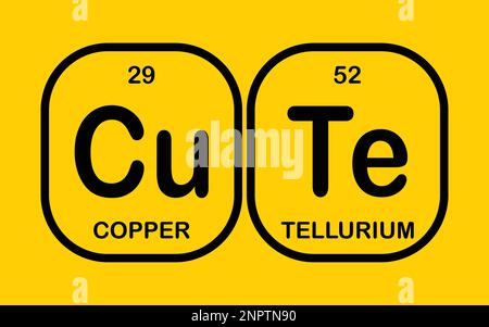 Cute – Kupfer und Tellur. Lustiger Satz mit dem Periodensystem der chemischen Elemente auf gelbem Hintergrund Stock Vektor