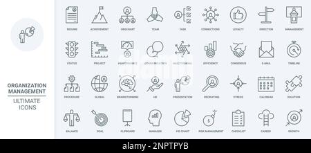 Business Management, Personalorganisation dünne Linien Symbole setzen Vektordarstellung. Umreißen der Richtung und Effizienz der Multitasking-Kommunikation, der Rekrutierung und der Suche nach Lebensläufen, des Erfolgs Stock Vektor