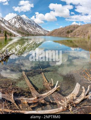 Im Frühling im Norden Kanadas mit schneebedeckten Bergen und Seen an einem ruhigen Tag. Stockfoto