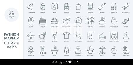 Mode und Schönheit, Kosmetik dünne Liniensymbole stellen die Vektordarstellung ein. Umreißen Nagellack und Spa Salon, Friseursalon für Gesundheit, Haar- und Hautpflege, Anprobieren von Kleidung und Zahnaufhellung, gesundes Essen Stock Vektor