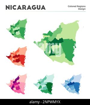 Nicaragua Kartensammlung. Grenzen von Nicaragua für Ihre Infografik. Farbige Länderregionen. Vektordarstellung. Stock Vektor
