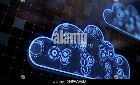 3D das Konzept der Cloud-Technologien und der Verarbeitung von Serverdaten wird aufgegriffen. Abstrakte Servicesymbole senden Informationen an bigdata und Rechenzentren. Abzeichen Stockfoto