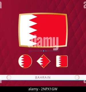Set aus bahrainischen Flaggen mit goldenem Rahmen für Sportveranstaltungen auf burgunderfarbenem abstraktem Hintergrund. Vektorsammlung von Flaggen. Stock Vektor