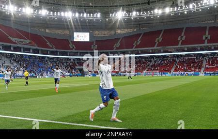 Doha, Katar. 26. Februar 2023. Al-Hilal SFC (KSA) feiert den vierfach-Helden Odion Ighalo, nachdem er während des AFC Champions League 2022 Semi-Finals im Al Thumama Stadium am 26. Februar 2023 in Doha, Katar, gegen Al-Duhail SC (QAT) geschossen hat. Foto: Victor Fraile / Power Sport Images Credit: Power Sport Images Ltd/Alamy Live News Stockfoto