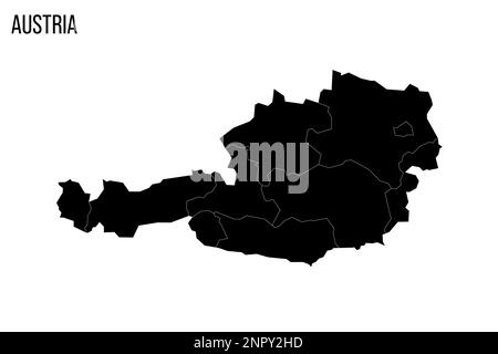 Osterreichische politische Karte der Verwaltungsabteilungen - Bundesländer. Leere schwarze Karte und Name des Landes. Stock Vektor