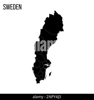 Schweden: Politische Karte der Verwaltungsabteilungen - Landkreise. Leere schwarze Karte und Name des Landes. Stock Vektor