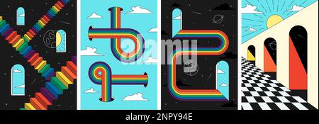 Retro-Poster-Set mit Regenbogentreppen. Sonne und Mond im Fenster surreale kosmische Abdrücke. Abstrakte Plakate im Vintage-Bo-Universum. Trendige banner für Y2K Popkultur. Geometrisches EPS-Hintergrundbild des Vektors Stock Vektor