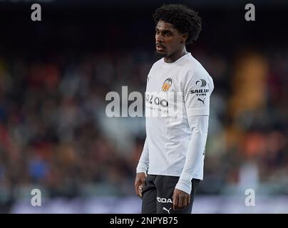 Thierry Correia von Valencia CF während des Spiels La Liga zwischen Valencia und Real Sociedad spielte am 25. Februar im Mestalla-Stadion in Valencia, Spanien. (Foto von PRESSIN) Stockfoto