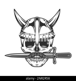 Wikingerschädel in Hörnenhelm mit Schnurrbart und gekreuztem Dolch isoliert auf weißem Hintergrund monochrom dargestellt Stock Vektor
