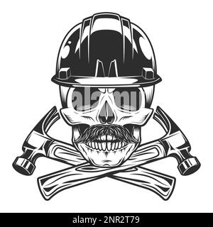 Schädel mit Schnurrbart und Helm Baumeister von Schutzhelm gekreuzte Hämmer aus Neubau- und Umbaubetrieben im monochromen Vintage-Stil Stock Vektor