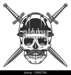 Schädel mit Schnurrbart in Bauhelm Schutzhelm und gekreuztes Schwert isoliert auf weißem Hintergrund monochrome Abbildung Stock Vektor