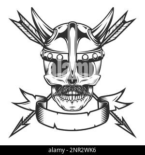 Wikingerschädel mit Schnurrbart in Hornhelm mit Jagdpfeil im monochromen Stil mit Designelement für Etikett oder Zeichen und Emblem isolierter Vektor Stock Vektor