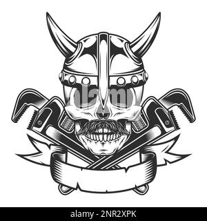 Viking Schädel im Hornhelm mit Schnurrbart mit Bauschraubenschlüssel für Gas- und Sanitärrohre oder Reparaturwerkzeug für Mechaniker in der Karosseriewerkstatt Stock Vektor