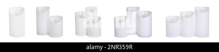 Set mit dekorativen, flammenlosen LED-Kerzen auf weißem Hintergrund. Bannerdesign Stockfoto