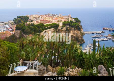 Prince's Palace und Monaco-Ville, exotischer Garten und Yachthafen mit luxuriösen Yachten und Segelbooten, französische Riviera, Monaco. Stockfoto