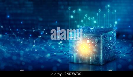 Cube-Technologie auf konvergierenden Punkt der Schaltung mit abstraktem blauen Hintergrund. Blockchain-Netzwerksystem. Verarbeitung von Big Data Storage, Cloud-Daten. Stockfoto