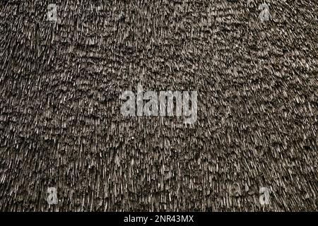 Alte verwitterte Strohdach, Stroh oder thatching Hintergrund Textur Stockfoto