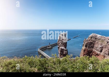 Hoher See stack Lange Anna auf der Insel Helgoland, Deutschland durch fliegende Vögel auf sonnigen Sommertag umgeben Stockfoto