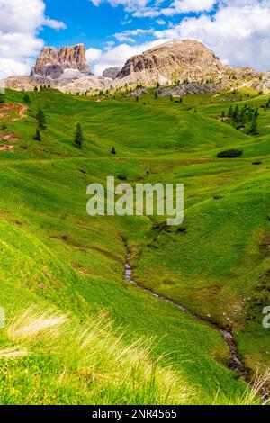 Wunderschöne Berglandschaft mit dem Berg Averau der Nuvolau-Gruppe im italienischen Dolomitenberg und kleinem Tream, der durch das Grün fließt Stockfoto